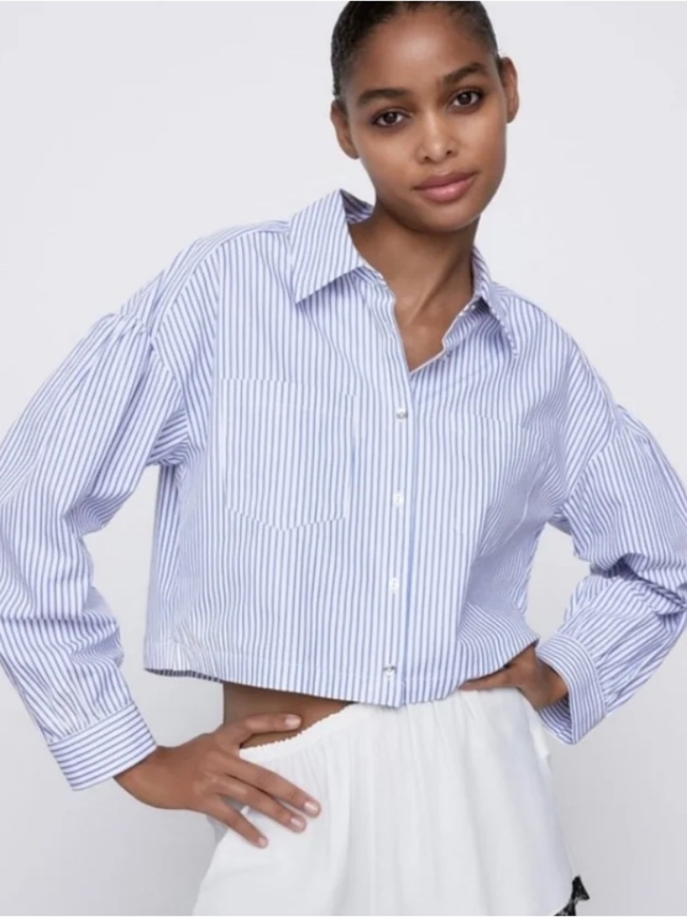 Zara Blue and White Striped Cropped Button-Down Shirt